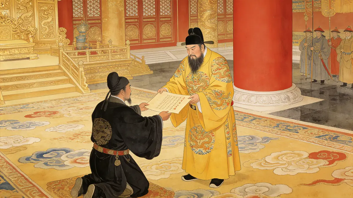 Emperor Yongle granting the surname "Zheng" to Ma He in the Ming Imperial Court.