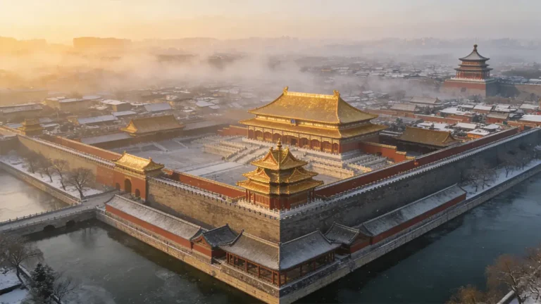 A historically accurate aerial reconstruction of the Forbidden City in Beijing during the Yongle reign (early 15th century), showing its role as the Ming Dynasty’s central command hub.