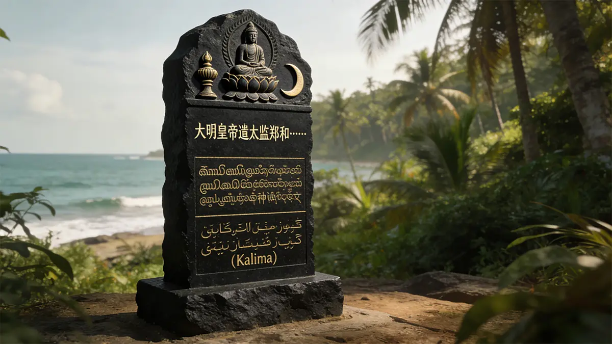 The Galle Trilingual Stele erected by Zheng He in Ceylon—honoring Buddha, Shiva, and Allah—stands as rare evidence of 15th-century interfaith diplomacy.