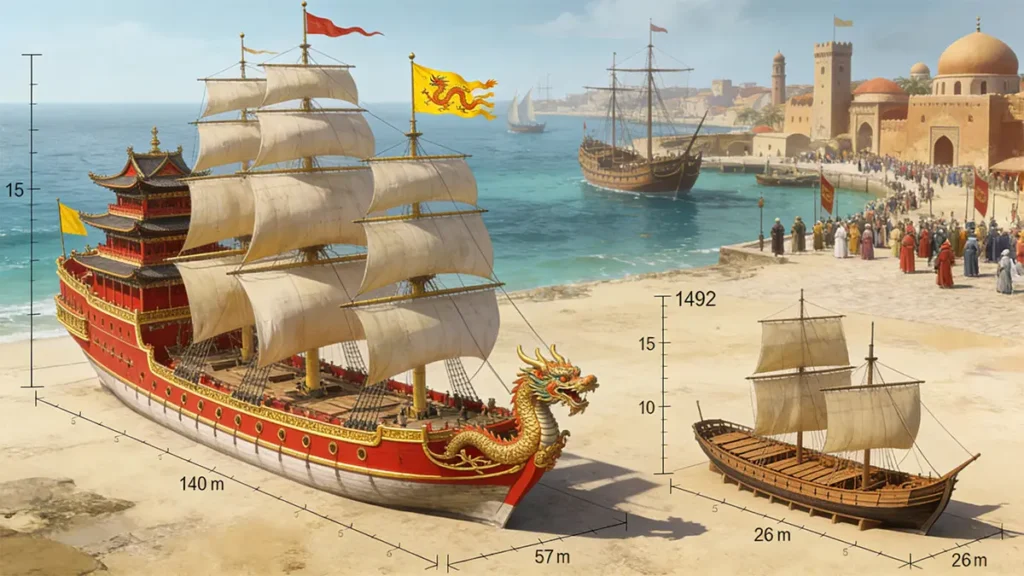 Comparison of three Ming dynasty ocean-going vessels: Treasure Ship (center), Horse Transport (left), and Grain Ship (right) at Longjiang Shipyard, Nanjing.