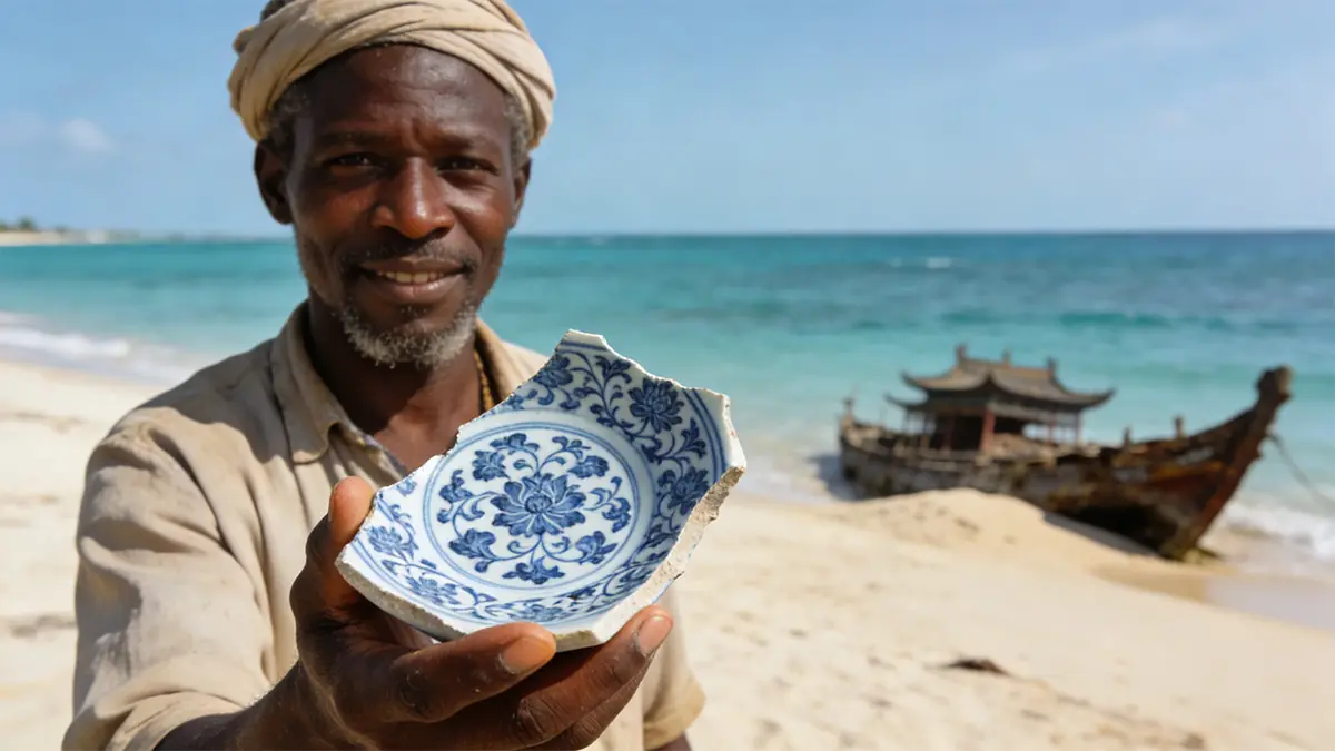 Ming-era blue-and-white porcelain shard found on Lamu Island, Kenya—evidence of Zheng He’s reach to East Africa.