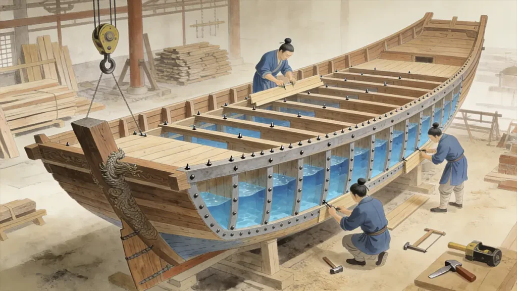 Cross-section of a Ming treasure ship showing 13 watertight compartments—a technology 600 years ahead of Europe.