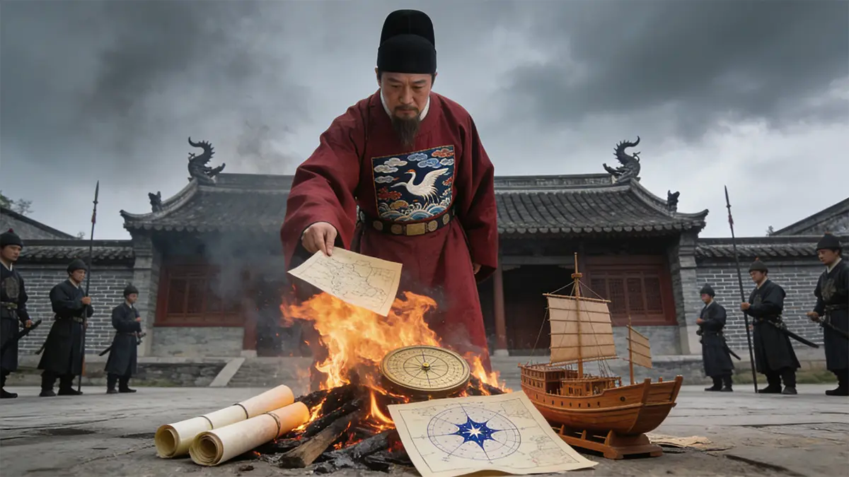 Ming Confucian bureaucrats burning Zheng He’s nautical charts in the 1440s—a symbolic act of “The Great Closure.