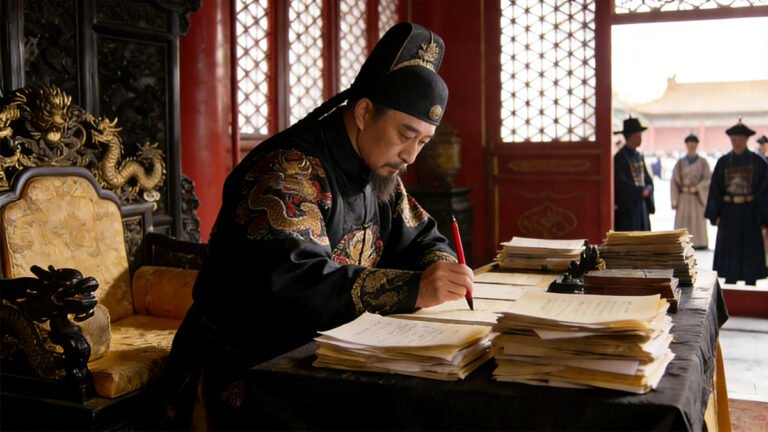 The archetypal Ming eunuch as the emperor’s private agent—holding the vermilion brush at the heart of power.