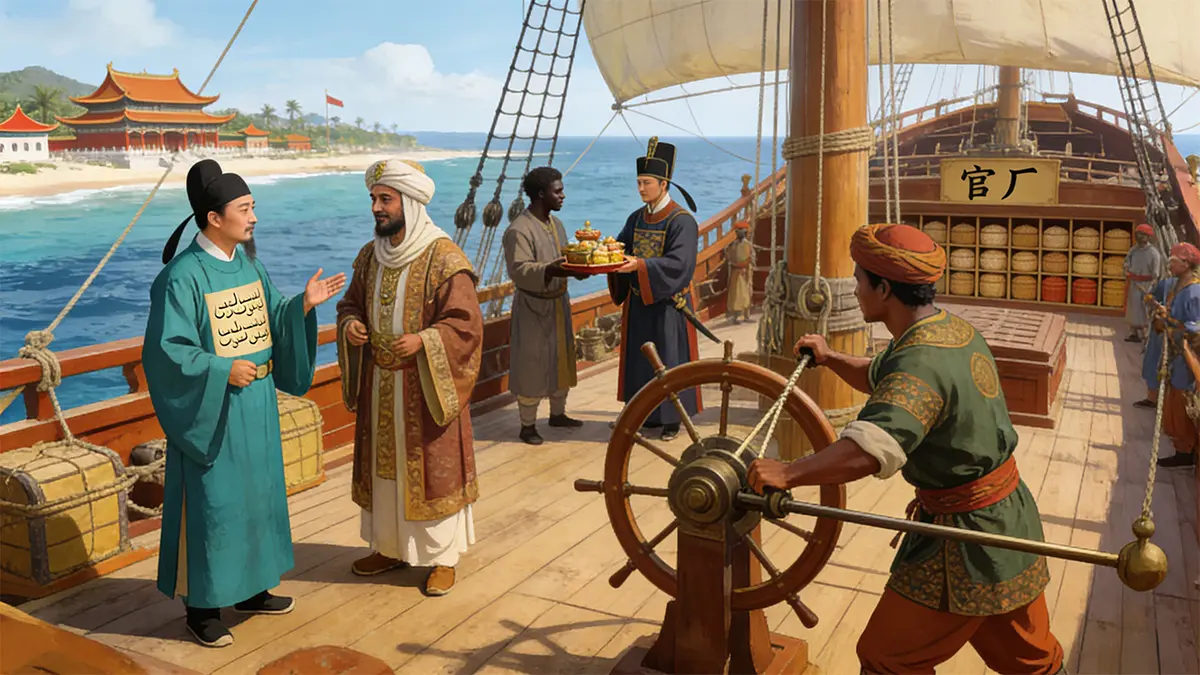 Multilingual crew aboard a Ming treasure ship: Han Chinese interpreters, Arab traders, Malay sailors, and East African envoys working together