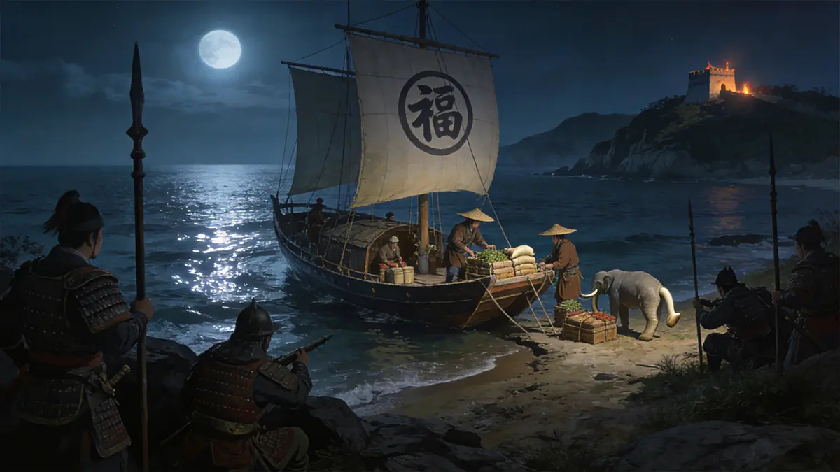 Smugglers unloading spices under moonlight during the Ming maritime ban—showing the tension between state policy and economic reality.