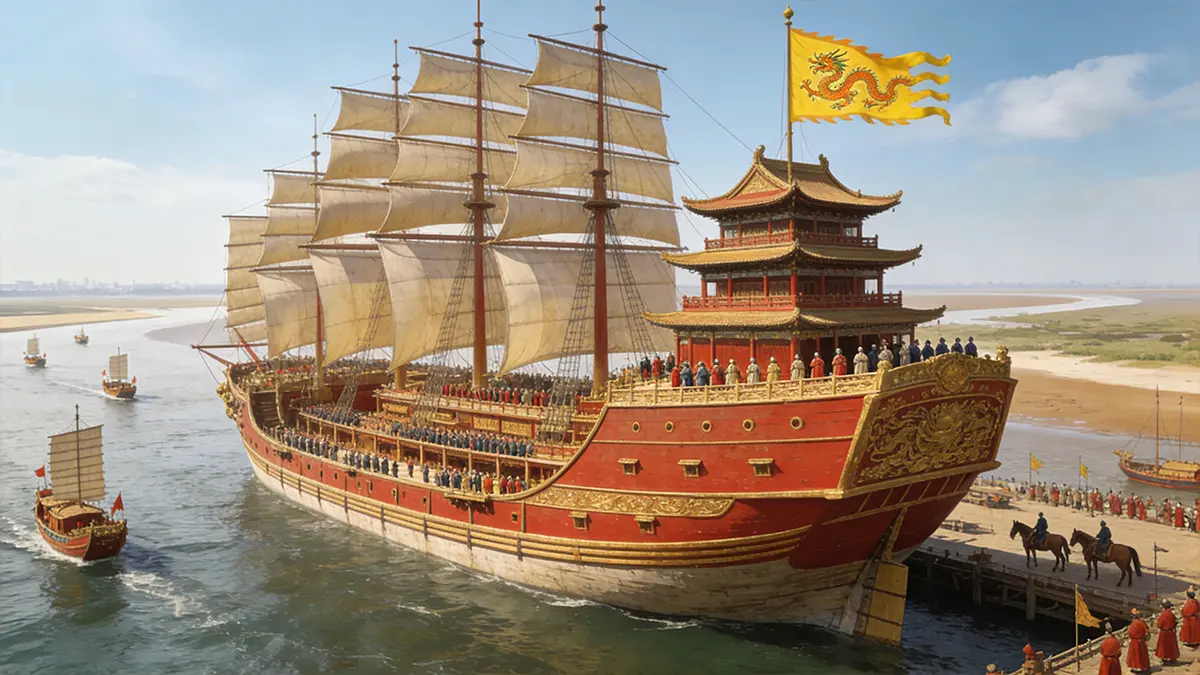Ming Dynasty treasure ships anchored at Liujiagang port; the flagship measured 130 meters—the largest wooden sailing vessel of its time