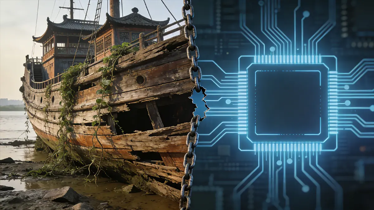 A decaying Ming treasure ship beside abstract symbols of AI and satellites—echoes of “The Great Closure” in today’s tech decoupling.