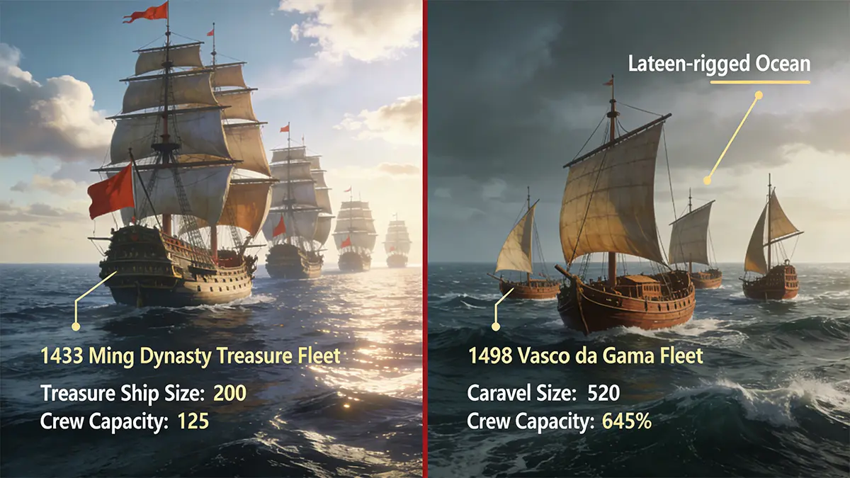 Scale comparison: Ming treasure fleet (1433) vs Vasco da Gama’s fleet (1498)