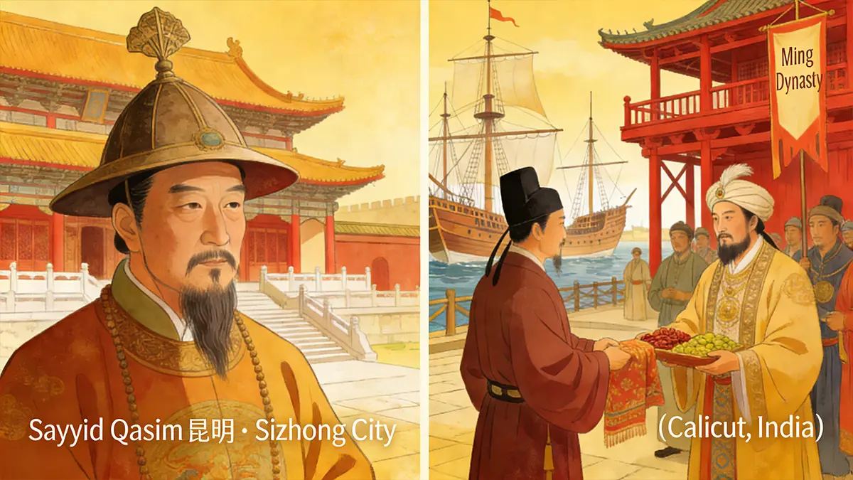 A diptych showing Sayyid Ajjal building Confucian temples in Yunnan (left) and Zheng He mediating trade disputes in Calicut (right)—both embodying Ming/Yuan “govern according to local customs” philosophy.