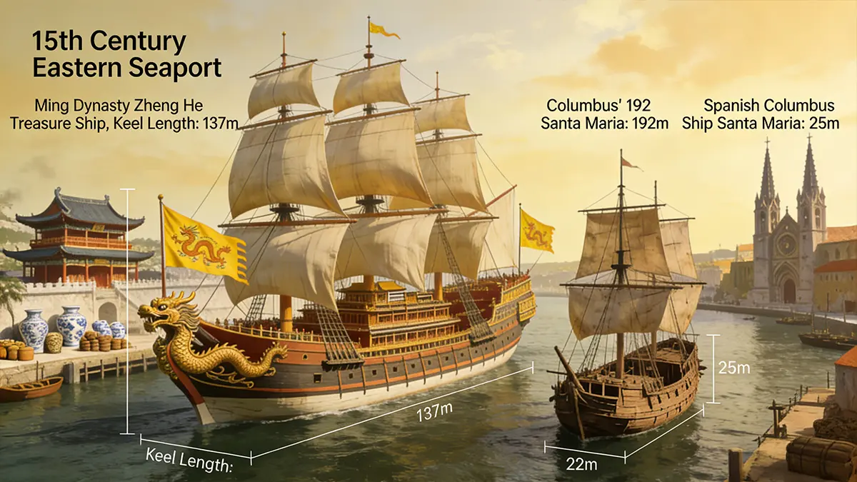 One Treasure Ship equaled four Santa Marias. Zheng He’s fleet was over 60 times larger than Columbus’s.