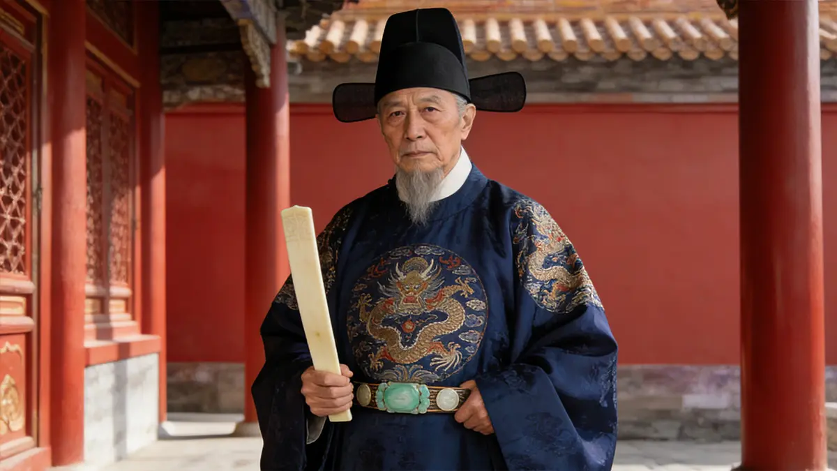 A historical reconstruction of Wang Jinghong, a senior Ming eunuch official in ceremonial robe with jade belt and ivory tablet