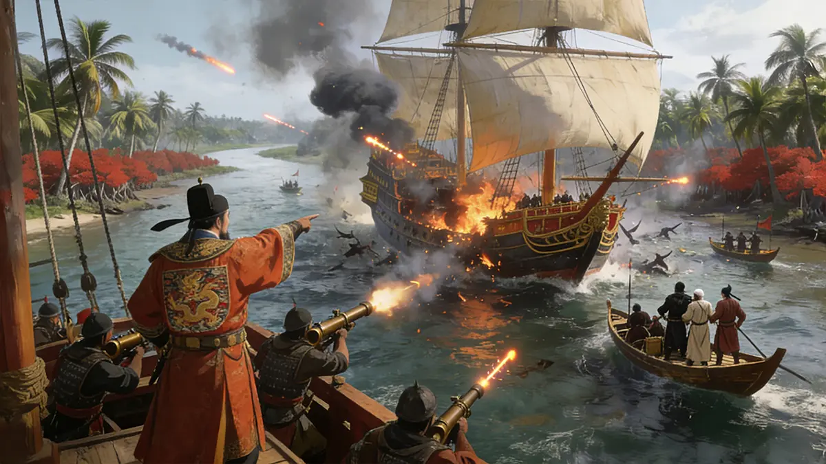 Zheng He’s forces defeat the pirate Chen Zuyi at Palembang, securing Ming dominance over the Strait of Malacca.