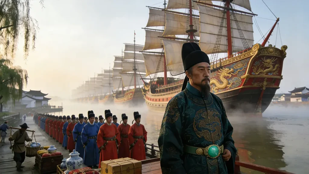 In 1405, Admiral Zheng He's fleet of 208 treasure ships departs from Liujiagang, Taicang—Zheng He stands on the flagship as the "floating city" sets sail.