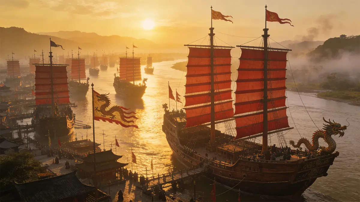 The massive Ming Dynasty treasure fleet led by Zheng He departing from Longjiang Port in 1405.