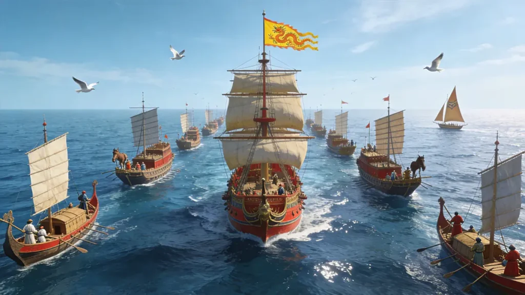 The fleet maintained formation through monsoons using flag signals, lantern codes, and gongs—centuries before radio.