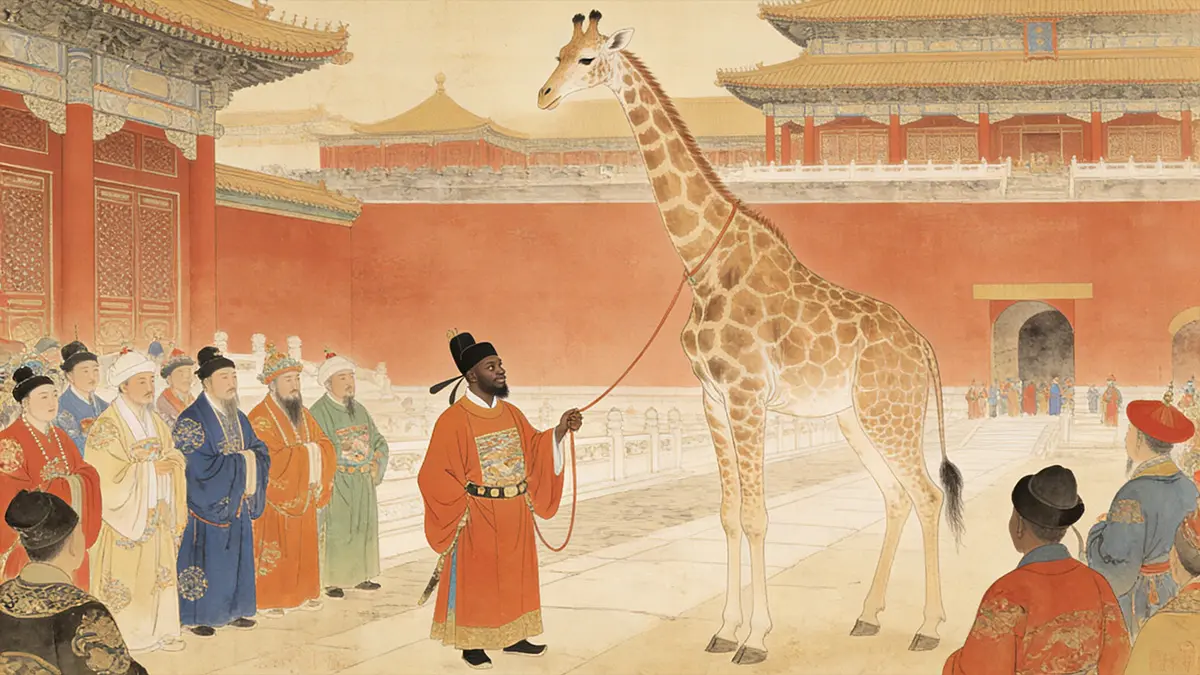 A depiction of the "Auspicious Qilin" showing a giraffe presented to the Ming court.