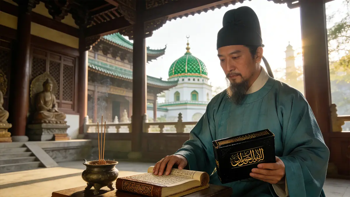 **Fig. 3. Coexisting Faiths**: Historical records confirm Zheng He funded mosques and printed Buddhist scriptures—this scene reflects his dual spiritual identity.
