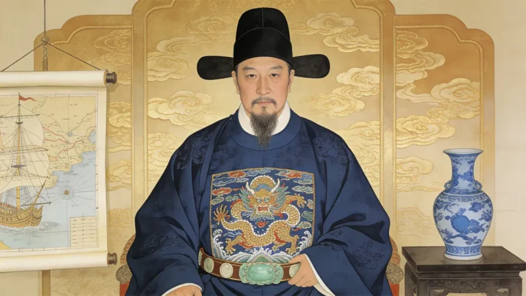 Official portrait of Zheng He in Ming dynasty second-rank military court robes, with cloud-patterned screen background, reflecting his status as imperial envoy.