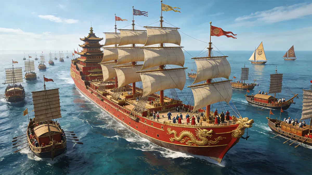 Zheng He's treasure fleet sailing in the Indian Ocean, with the massive flagship at center surrounded by support vessels.