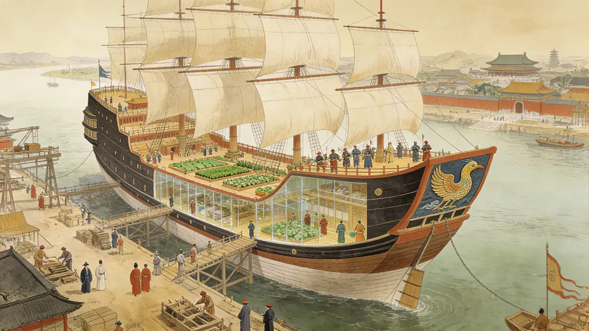 A historically reconstructed view of Zheng He’s treasure ship, highlighting its massive scale, watertight bulkhead design, and multi-functional deck.