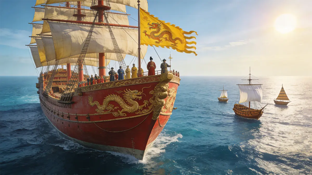 **Fig. 1. Scale Reflects Philosophy**: Zheng He’s flagship was over 7 times longer and carried 300 times more crew than Columbus’s—symbolizing Ming diplomacy versus European colonization.