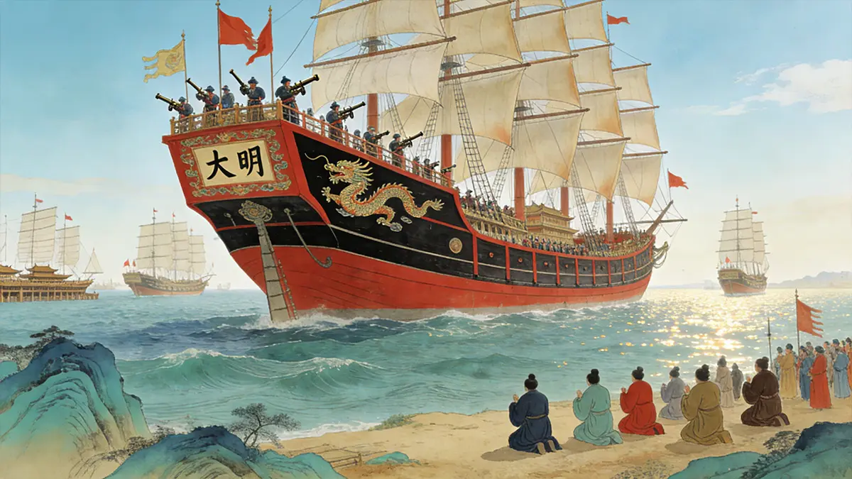 Zheng He’s first maritime expedition departs from Taicang in 1405 with a massive fleet of treasure ships.