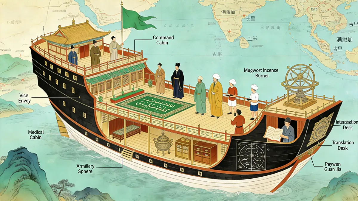 Cutaway view of a Treasure Ship showing its multicultural crew and functional zones—a floating city-state of the 15th century.