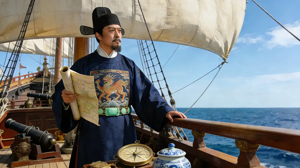 Zheng He in Ming-era eunuch general attire, standing on the deck of his treasure ship—a Muslim commander serving the Yongle Emperor.