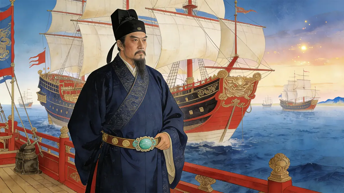 Zheng He in Ming dynasty court robes stands on the deck of a treasure ship, gazing into the distance—embodying calm resolve and visionary leadership.