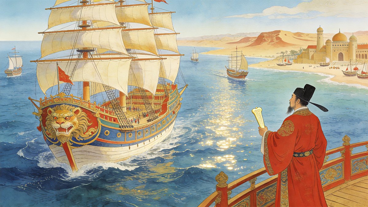 Admiral Zheng He commanding a treasure fleet on a voyage to the Western Seas.