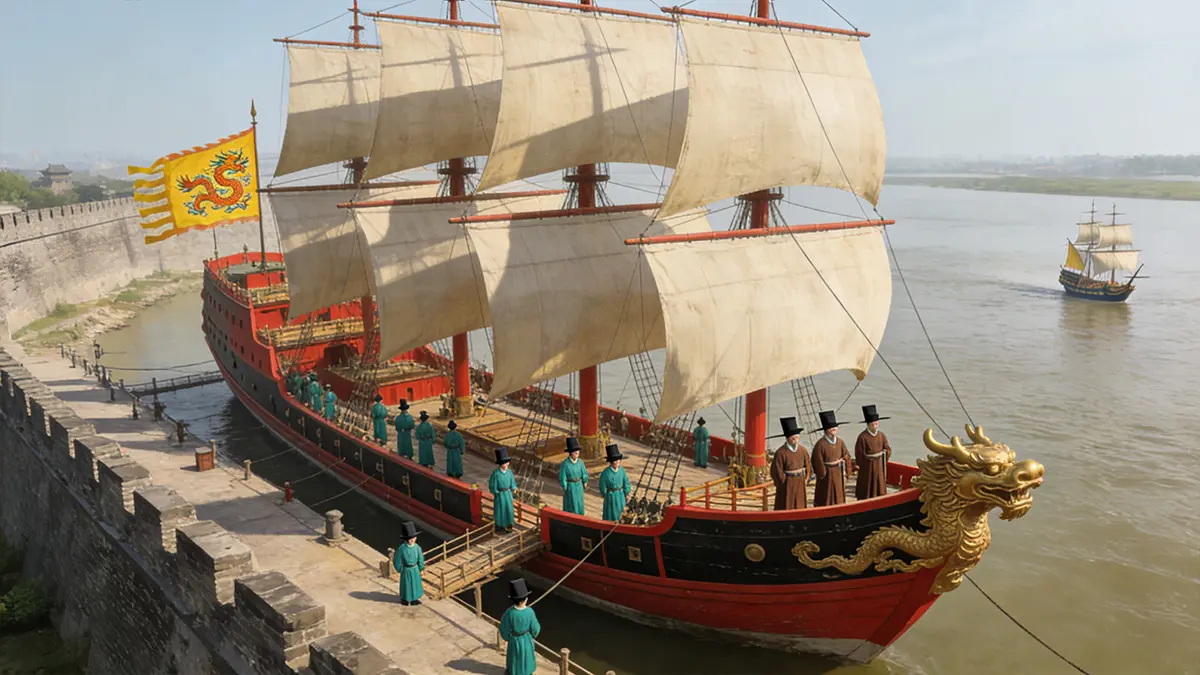 A size comparison between Zheng He’s 120-meter Ming treasure ship (left) and Columbus’s 18-meter Santa Maria (right), highlighting China’s overwhelming naval supremacy in the early 15th century.