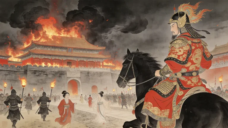 In 1402, Prince Zhu Di of Yan captures Nanjing during the Jingnan Campaign; the imperial palace burns as the fate of Emperor Jianwen remains unknown.