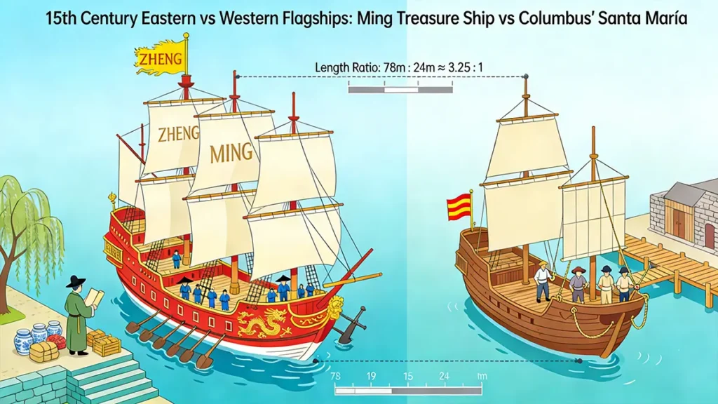 Scale comparison between a 78-meter Ming Treasure Ship and Columbus’s 24-meter Santa Maria, highlighting the dramatic difference in size.