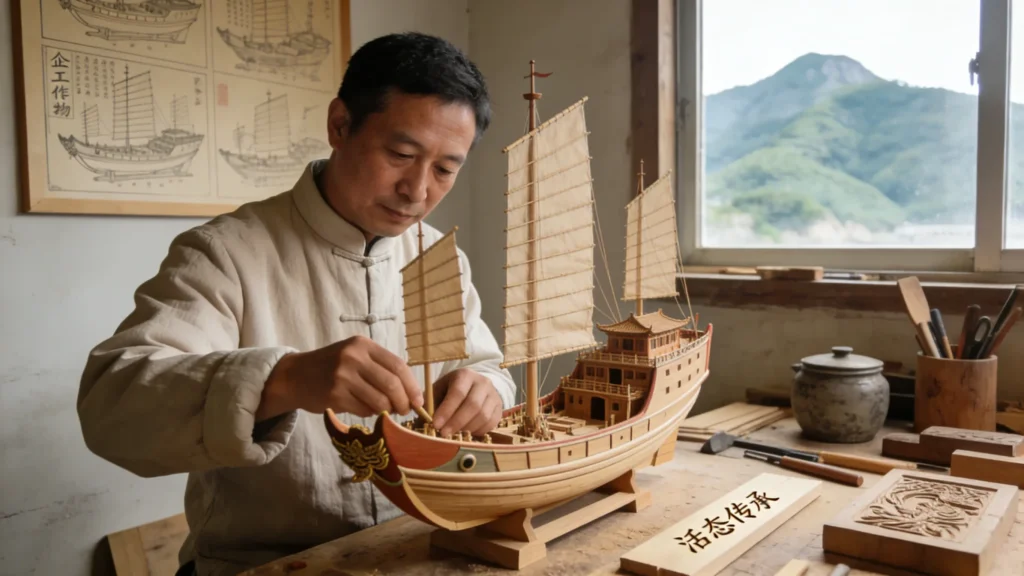 A modern craftsman in Fujian building a scale model of a Ming junk, preserving the watertight bulkhead technique.