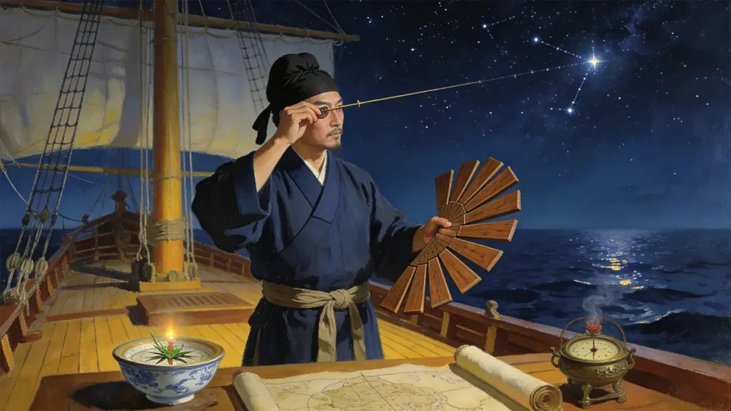 By reading the zhi (finger-width) value on the star-sighting board, the navigator converted stellar altitude into latitude—the core of Ming celestial navigation.