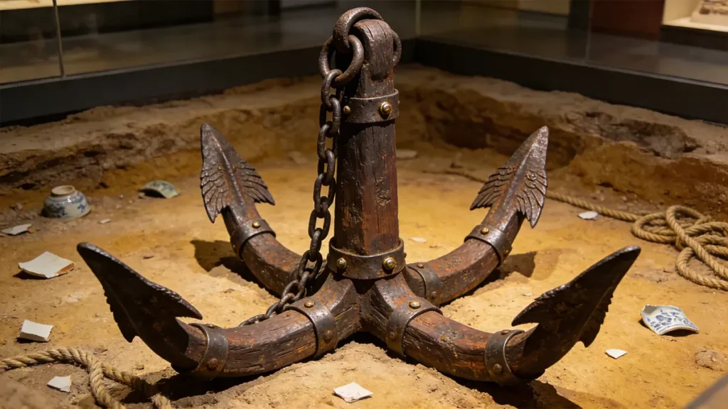 Reconstruction of a Ming four-fluked iron-bound wooden anchor—hardwood core wrapped in wrought iron bands, designed for deep-sea anchoring.