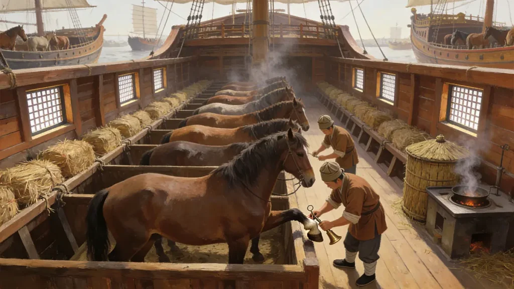 On a Ming horse ship deck, veterinarians tend to horses while ventilation windows expel ammonia—showcasing advanced livestock management.