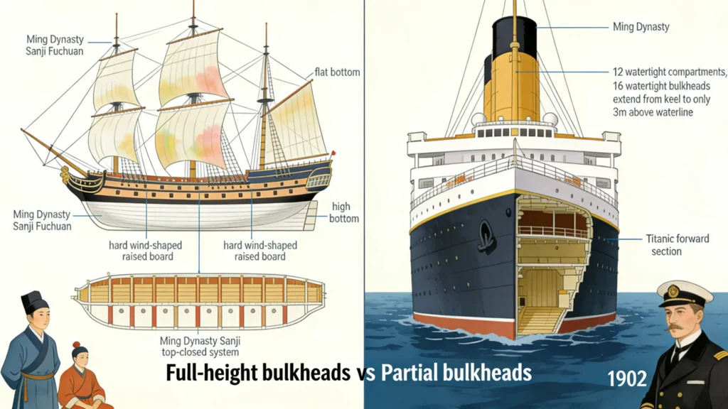 Comparison of watertight bulkhead designs: Ming junk (left) with full-height sealed compartments vs. Titanic (right) with partial bulkheads that allowed water to spill over.