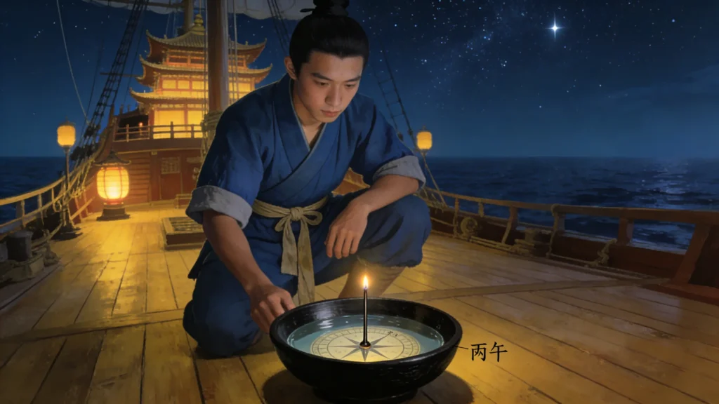 A Ming Dynasty sailor using a water compass for night navigation on the deck of Zheng He's treasure ship in the Indian Ocean, early 15th century.