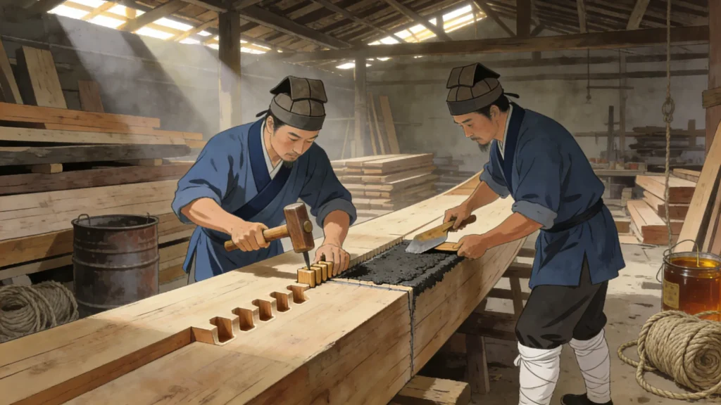 Ming Dynasty shipbuilders assembling planks using tongue-and-groove joints and sealing seams with chunam paste.