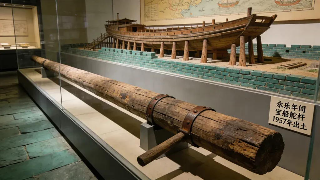 The rudder post unearthed in 1957 at Nanjing’s Longjiang Shipyard, now housed at the Zheng He Treasure Ship Site Museum. Its size supports engineering estimates of 60–78 meter ship lengths.