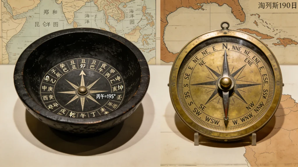 Comparison between the Ming 24-direction water compass and a 15th-century European 32-point dry compass.