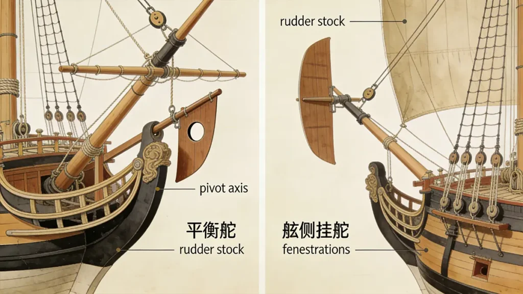 Side-by-side comparison of Ming balanced rudder (left) and European hanging rudder (right), highlighting pivot axis position, fenestrations, and mounting methods.