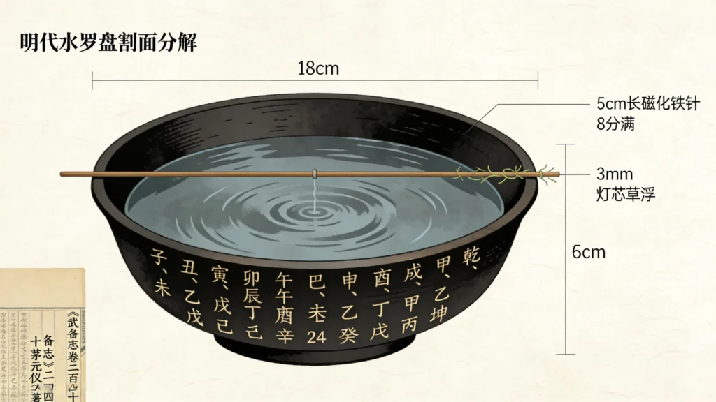Exploded view of a Ming Dynasty water compass showing the magnetized needle, wick, water-filled bowl, and 24-directional dial.