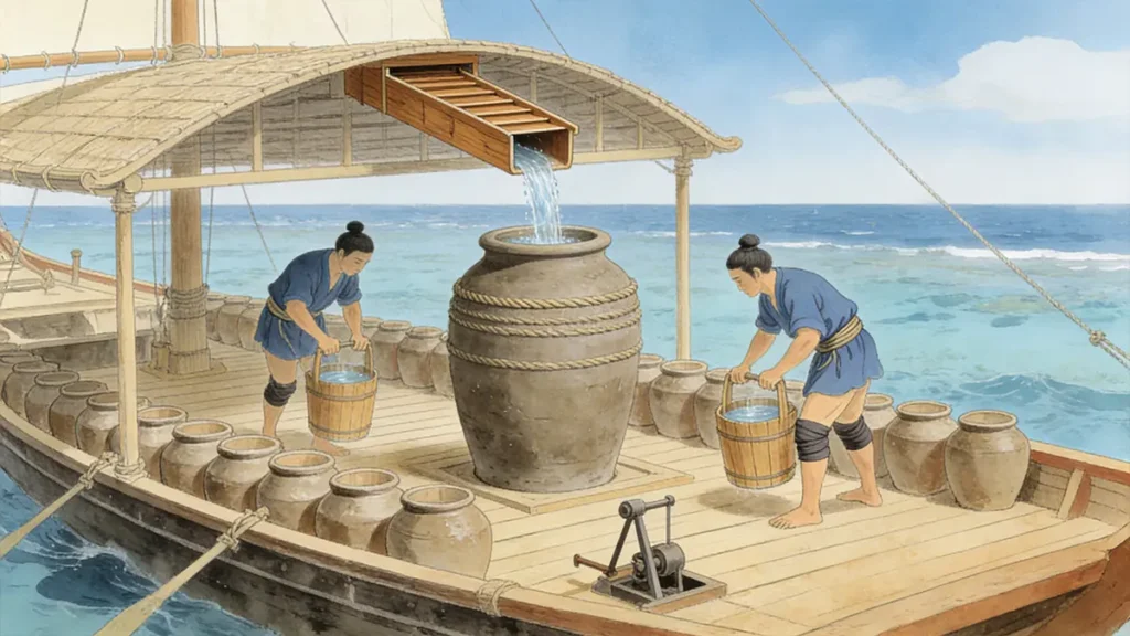 A Ming water tanker collecting rainwater via deck channels into thousands of ceramic jars for systematic freshwater supply.