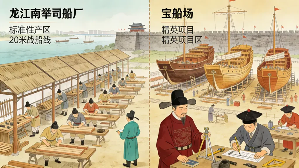Illustration of the Ming Dynasty’s dual-track shipbuilding system: mass-production facility (left) vs. elite Treasure Ship Yard (right).