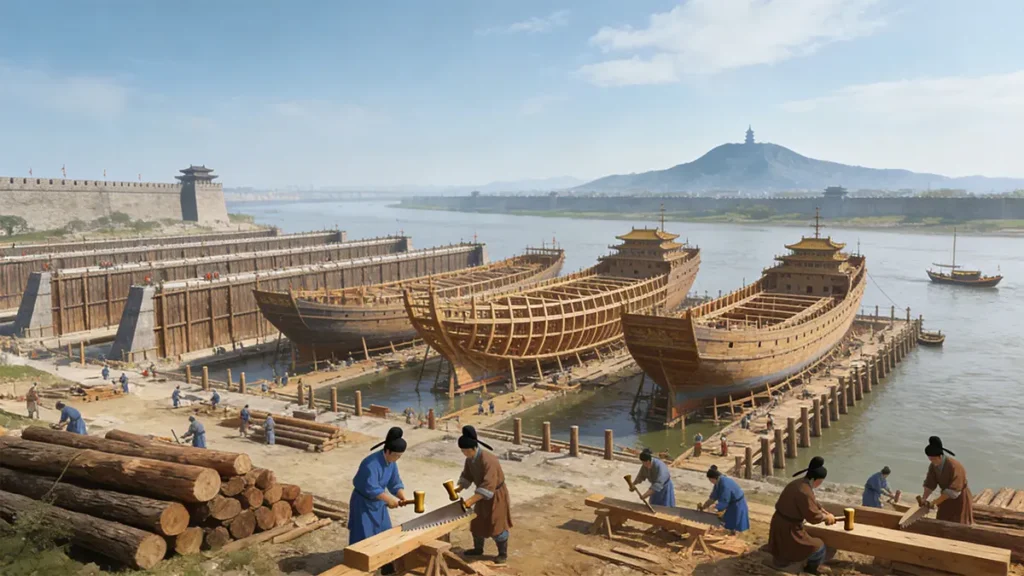 A historically accurate reconstruction of the Longjiang Shipyard in Nanjing during the Yongle reign (early 15th century), showing tidal dry docks, under-construction treasure ships, nanmu timber stockpiles, and Ming artisans at work.
