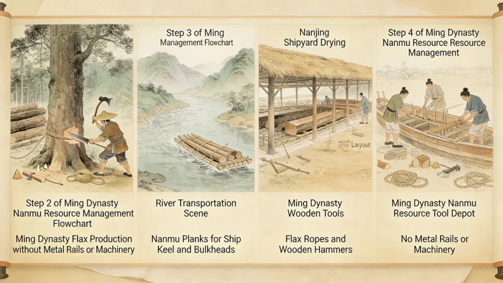 The Ming Dynasty’s full-cycle nanmu (Phoebe zhennan) management system—from forest felling to ship assembly.