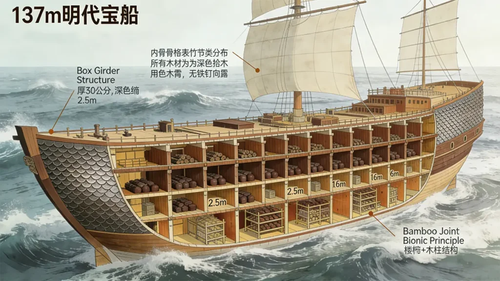 Cross-section of a Ming treasure ship showing 16 watertight bulkheads forming a box-girder structure, inspired by bamboo nodes for enhanced longitudinal strength.